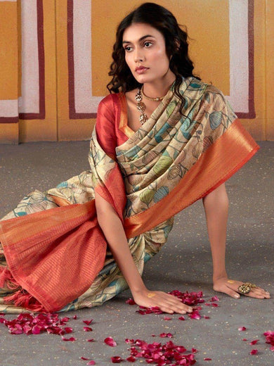 Mesmerizing Beige Floral Printed Silk Festival Wear Saree With Blouse